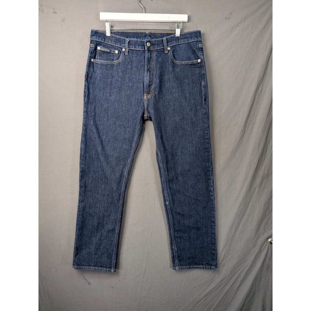 Calvin Klein Mens Straight Leg Jeans Dark Wash Blue Stretch Denim 36 x 30